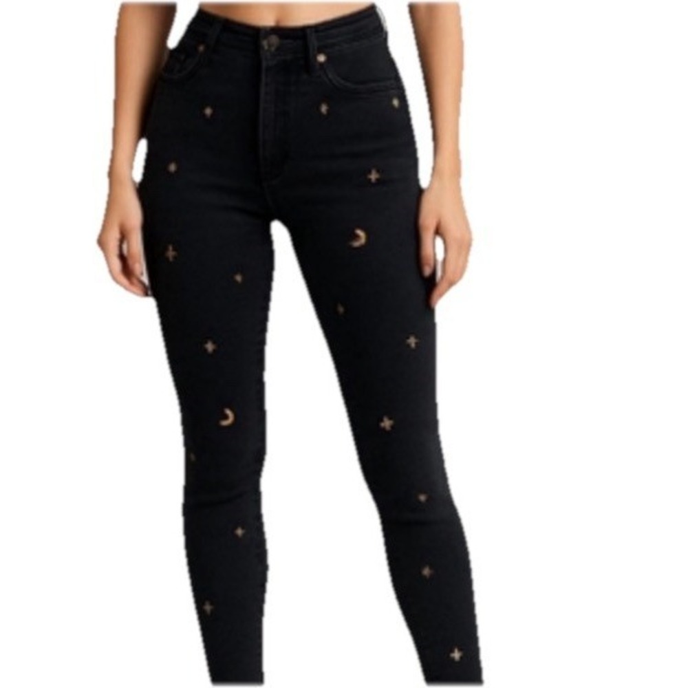 Tinseltown Celestial Embroidered Jeans Black Gold Star Moon Size 1 Distressed